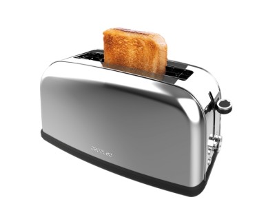 Cecotec Toastin\' Time 850 Tostadora de Ranura Larga - 850W - Ranura Ancha hasta 3.8cm - 7 Niveles de Tostado - Sistema de Autocentrado - Bandeja Recogemigas Extraible - Acero Inoxidable
