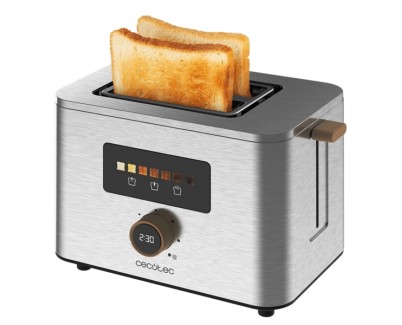 Cecotec TouchandToast Double Tostadora de Doble Ranura Ancha - 950W - Control Tactil y Pantalla a Color - Autocentrado - 7 Niveles de Tostado - Apagado y Pop-Up Automatico - Acero Inoxidable
