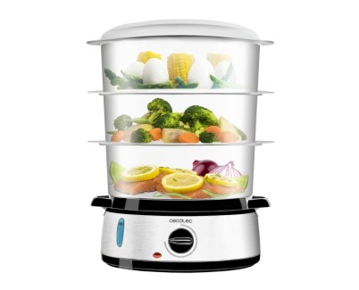 Cecotec Vapovita 3000 Inox Vaporera Multifuncional - 800W - Acero Inoxidable - Capacidad de 9L - 3 Recipientes Independientes - Soporte para Huevos - Temporizador - Color Negro y Plata