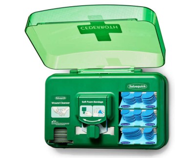 Cederroth Dispensador para el Cuidado de Heridas - Incluye diferentes Tama&ntilde;os de Apositos Color Azul, Toallitas para Heridas y Venda Autoadherente