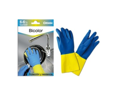 Cegasa Guantes de Latex Talla P 6-6 1/2 - Flocados - Uso General, Domestico, Limpieza, Industria Quimica - Espesor en Palma de 0,6mm - Color Azul/Amarillo