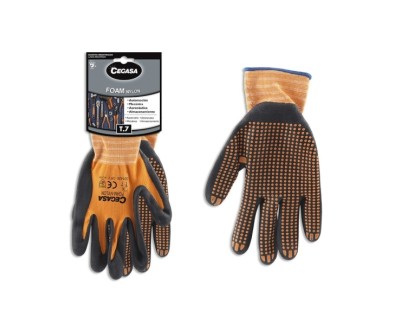 Cegasa Guantes de Trabajo Talla 7 - Fabricados en Nylon con Recubimiento de Foam con Dots de Nitrilo en Palma - Color Negro/Naranja