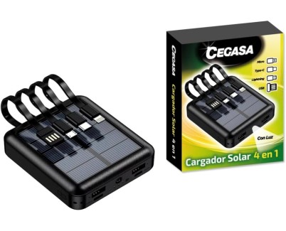 Cegasa Powerbank Solar 4 en 1 5000mAh - Salidas USB-C, Lighting, USB-A, Micro USB - Con Linterna - Color Negro