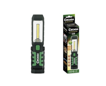 Cegasa Profesional Linterna Magnetica LED - COB Lateral, LED Superior y Luz de Emergencia - Gancho Ajustable 360&ordm;  - Funciona con 2 Pilas AAA (No Incluidas) - Color Negro/Verde