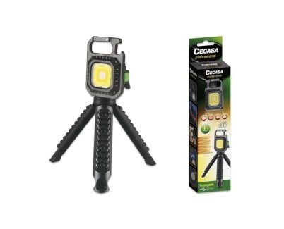 Cegasa Profesional Linterna Mini con Tripode COB hasta 670lm - Luz Blanca, Amarilla, Blanca y Amarilla Combinadas, Luz Roja y Luz Flash Intermitente - Bateria Recargable USB-C - Color Negro