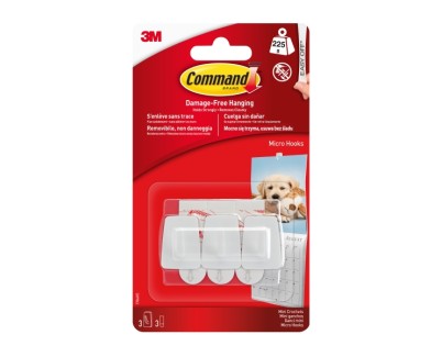 Command Mini Pack de 3 Ganchos - 3 Tiras Adhesivas - Soportan hasta 225G - Color Blanco