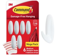 Command Pack de 6 Ganchos de Diseño Medianos - 9 Tiras Adhesivas - Soportan hasta 1.3kg - Color Blanco
