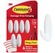 Command Pack de 6 Ganchos de Diseño Medianos - 9 Tiras Adhesivas - Soportan hasta 1.3kg - Color Blanco