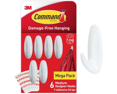 Command Pack de 6 Ganchos de Dise&ntilde;o Medianos - 9 Tiras Adhesivas - Soportan hasta 1.3kg - Color Blanco