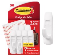 Command Pack de 7 Ganchos Grandes - 12 Tiras Adhesivas - Soporta hasta 2.2kg - Color Blanco
