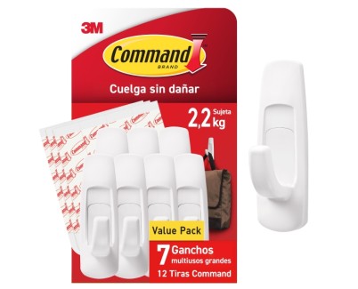 Command Pack de 7 Ganchos Grandes - 12 Tiras Adhesivas - Soporta hasta 2.2kg - Color Blanco