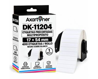Compatible Brother DK11204 - Etiquetas Precortadas Multiproposito - 17x54 mm - 400 Unidades - Texto negro sobre fondo blanco