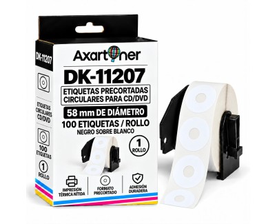 Compatible Brother DK11207 - Etiquetas Precortadas Circulares para CD/DVD - 58 mm de Diametro - 100 Unidades - Texto negro sobre fondo blanco
