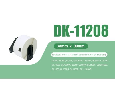 Compatible Brother DK11208 - Etiquetas Precortadas de Direccion Grandes - 38x90 mm - 400 Unidades - Texto negro sobre fondo blanco