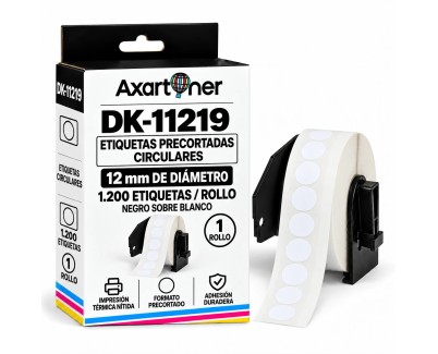 Compatible Brother DK11219 - Etiquetas Precortadas Circulares - 12 mm de Diametro - 1200 Unidades - Texto negro sobre fondo blanco