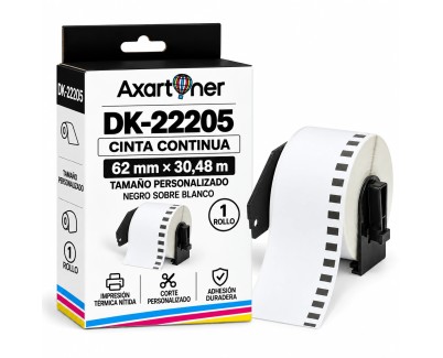 Compatible Brother DK22205 - Etiquetas de Tama&ntilde;o personalizado - Ancho 62mm x 30,48 metros - Texto negro sobre fondo blanco