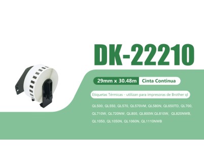 Compatible Brother DK22210 - Etiquetas de Tama&ntilde;o personalizado - Ancho 29mm x 30,48 metros - Texto negro sobre fondo blanco