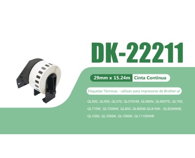Compatible Brother DK22211 - Etiquetas de Tama&ntilde;o personalizado - Ancho 29mm x 15,24 metros - Texto negro sobre fondo blanco