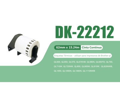 Compatible Brother DK22212 - Etiquetas de Tama&ntilde;o personalizado - Ancho 62mm x 15,24 metros - Texto negro sobre fondo blanco