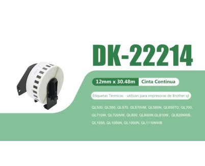 Compatible Brother DK22214 - Etiquetas de Tama&ntilde;o personalizado - Ancho 12mm x 30,48 metros - Texto negro sobre fondo blanco