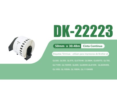 Compatible Brother DK22223 - Etiquetas de Tama&ntilde;o personalizado - Ancho 50mm x 30,48 metros - Texto negro sobre fondo blanco