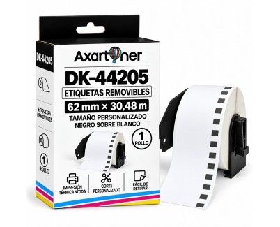 Compatible Brother DK44205 - Etiquetas Removibles de Tama&ntilde;o personalizado - Ancho 62mm x 15,24 metros - Texto negro sobre fondo blanco