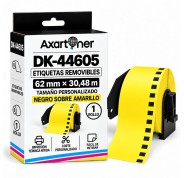 Compatible Brother DK44605 - Etiquetas Removibles de Tamaño personalizado - Ancho 62mm x 30,48 metros - Texto negro sobre fondo amarillo