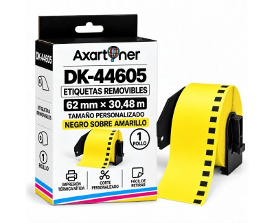 Compatible Brother DK44605 - Etiquetas Removibles de Tama&ntilde;o personalizado - Ancho 62mm x 30,48 metros - Texto negro sobre fondo amarillo