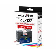 Compatible Brother TZe132 / TZ132 Cinta Laminada de Etiquetas - Texto rojo sobre fondo transparente - Ancho 12mm x 8 metros