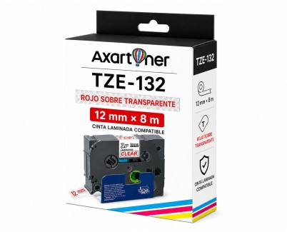 Compatible Brother TZe132 / TZ132 Cinta Laminada de Etiquetas - Texto rojo sobre fondo transparente - Ancho 12mm x 8 metros