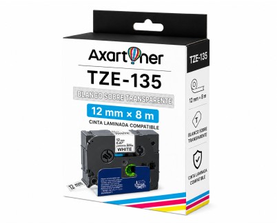 Compatible Brother TZe135 / TZ135 Cinta Laminada de Etiquetas - Texto blanco sobre fondo transparente - Ancho 12mm x 8 metros