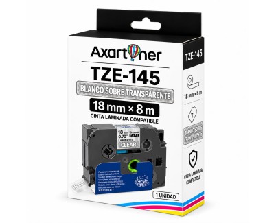 Compatible Brother TZe145 / TZ145 Cinta Laminada de Etiquetas - Texto blanco sobre fondo transparente - Ancho 18mm x 8 metros