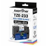Compatible Brother TZe233 / TZ233 Cinta Laminada de Etiquetas - Texto azul sobre fondo blanco - Ancho 12mm x 8 metros