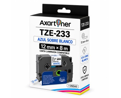 Compatible Brother TZe233 / TZ233 Cinta Laminada de Etiquetas - Texto azul sobre fondo blanco - Ancho 12mm x 8 metros