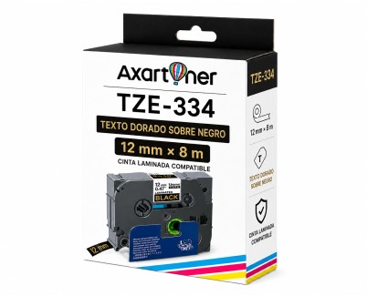 Compatible Brother TZe334 / TZ334 Cinta Laminada de Etiquetas - Texto dorado sobre fondo negro - Ancho 12mm x 8 metros