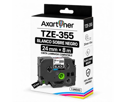 Compatible Brother TZe355 / TZ355 Cinta Laminada de Etiquetas - Texto blanco sobre fondo negro - Ancho 24mm x 8 metros