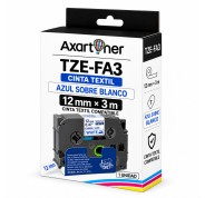 Compatible Brother TZeFA3 / TZ-FA3 Cinta Textil de Etiquetas - Texto azul sobre fondo blanco - Ancho 12mm x 3 metros