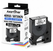 Compatible Dymo D1 40910 Cinta de Etiquetas para Rotuladora - Texto negro sobre fondo transparente - Ancho 9mm x 7 metros - S0720670