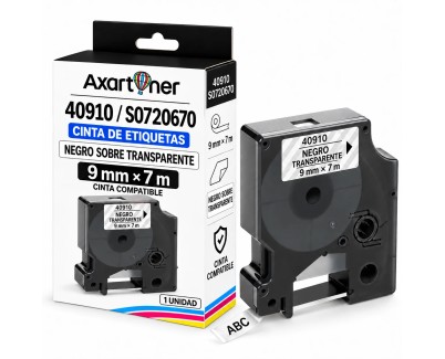 Compatible Dymo D1 40910 Cinta de Etiquetas para Rotuladora - Texto negro sobre fondo transparente - Ancho 9mm x 7 metros - S0720670