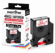 Compatible Dymo D1 45012 Cinta de Etiquetas para Rotuladora - Texto rojo sobre fondo transparente - Ancho 12mm x 7 metros - S0720520