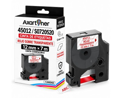 Compatible Dymo D1 45012 Cinta de Etiquetas para Rotuladora - Texto rojo sobre fondo transparente - Ancho 12mm x 7 metros - S0720520
