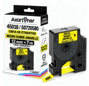 Compatible Dymo D1 45018 Cinta de Etiquetas para Rotuladora - Texto negro sobre fondo amarillo - Ancho 12mm x 7 metros - S0720580