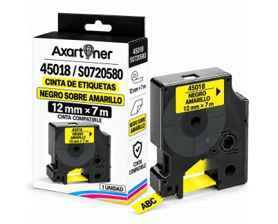 Compatible Dymo D1 45018 Cinta de Etiquetas para Rotuladora - Texto negro sobre fondo amarillo - Ancho 12mm x 7 metros - S0720580