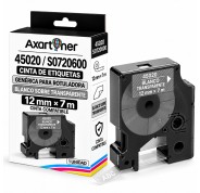 Compatible Dymo D1 45020 Cinta de Etiquetas para Rotuladora - Texto blanco sobre fondo transparente - Ancho 12mm x 7 metros - S0720600