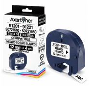 Compatible Dymo LetraTag S0721610 / S0721660 Cinta de Etiquetas para Rotuladora - Texto negro sobre fondo blanco - Ancho 12mm x 4 metros (91201/91221)