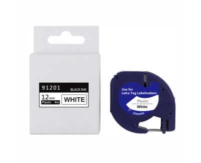 Compatible Dymo LetraTag S0721610 / S0721660 Cinta de Etiquetas para Rotuladora - Texto negro sobre fondo blanco - Ancho 12mm x 4 metros (91201/91221)