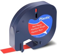 Compatible Dymo LetraTag S0721630 Cinta de Etiquetas para Rotuladora - Texto negro sobre fondo rojo - Ancho 12mm x 4 metros (91203)