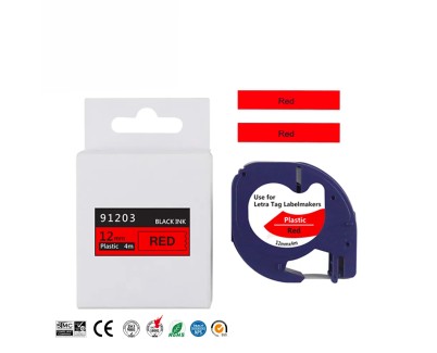 Compatible Dymo LetraTag S0721630 Cinta de Etiquetas para Rotuladora - Texto negro sobre fondo rojo - Ancho 12mm x 4 metros (91203)