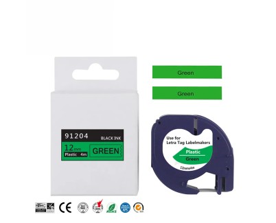 Compatible Dymo LetraTag S0721640 Cinta de Etiquetas para Rotuladora - Texto negro sobre fondo verde - Ancho 12mm x 4 metros (91204)