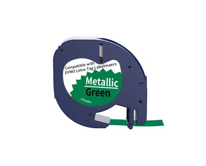 Compatible Dymo LetraTag S0721740 Cinta de Etiquetas Generica para Rotuladora - Texto negro sobre fondo metalico verde - Ancho 12mm x 4 metros (91209)